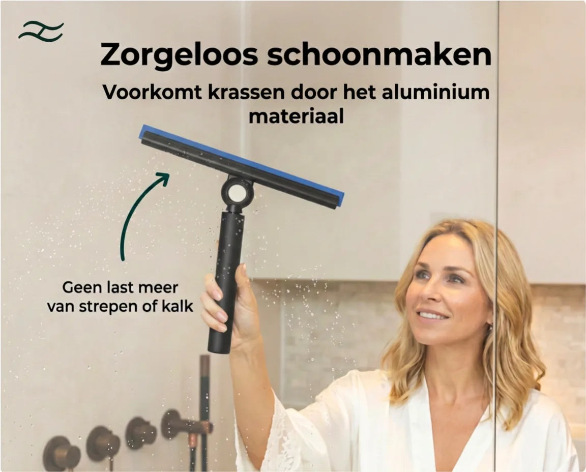 Vrouw wist een glazen douchewand met de Helderbad raamwisser