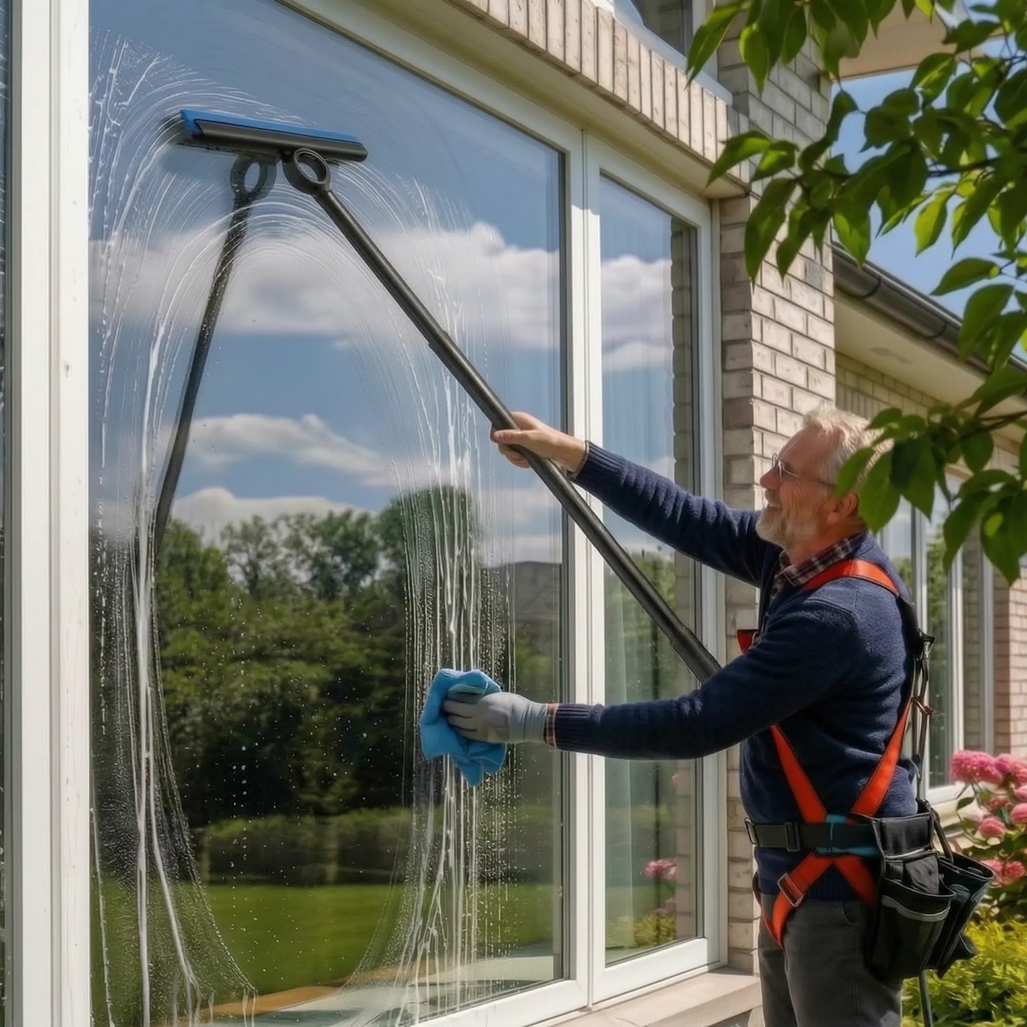 Man maakt een groot raam schoon met de uitgeschoven Helderbad raamwisser