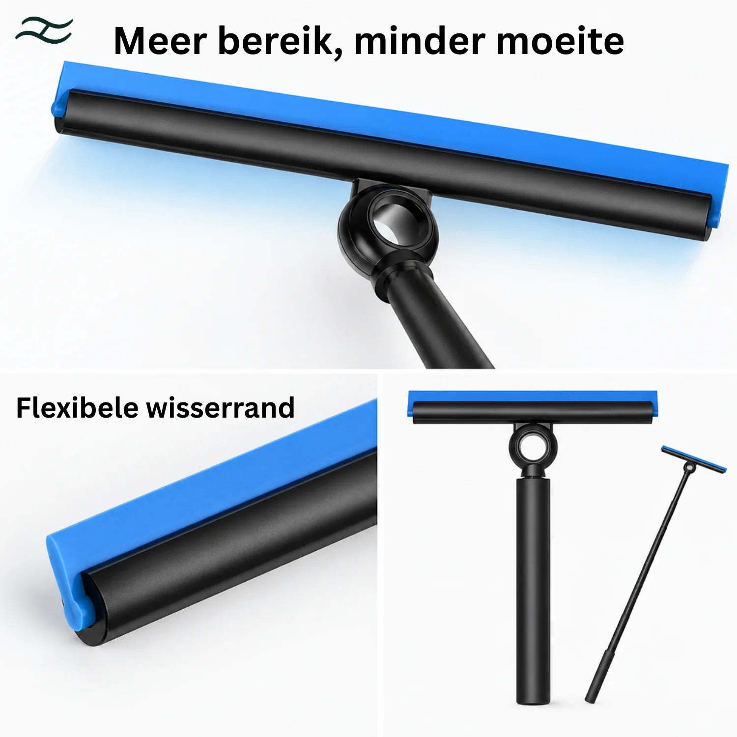 Close-up van de draaibare kop en de flexibele wisserrand van de Helderbad raamwisser